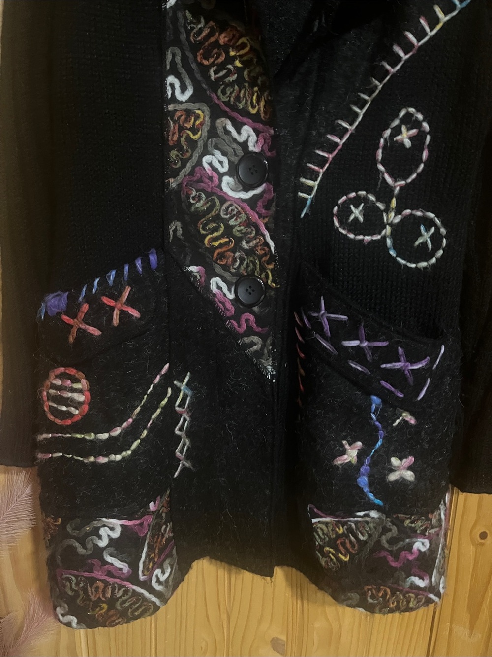 Sioni Black Wool Blend Cardigan Sweater with Multicolor Embroidery - Picture 4 of 8